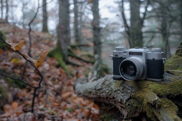Vintage analog camera sits on a mossy log in an autumnal forest, capturing the beauty of nature