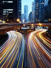 Obraz premium City traffic at night with light trails from cars, wide shot, vibrant urban glow.