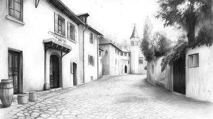 Detailed pencil sketch of an old European street, with cobblestone roads and quaint houses.