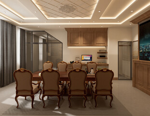 Modern classic meeting room interior with wooden furniture and window. 3D Rendering.