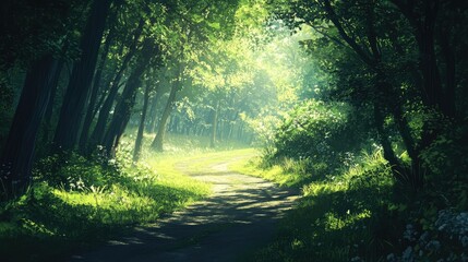 Obraz premium A quiet, winding path through a lush green forest, dappled sunlight streaming through the leaves and creating a peaceful atmosphere.