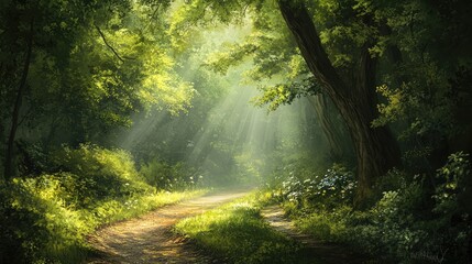 Fototapeta premium A quiet, winding path through a lush green forest, dappled sunlight streaming through the leaves and creating a peaceful atmosphere.