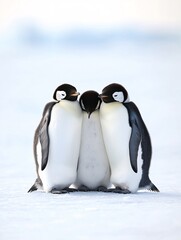 Penguins huddling together on an ice shore.