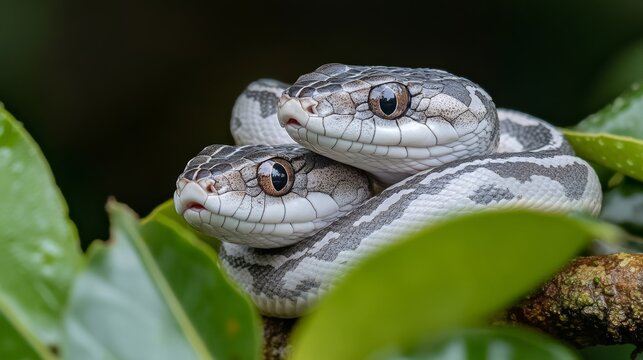 Two Carpet Python Resting on Branch, Beautiful Scale Pattern of Carpet Snake in Close-Up