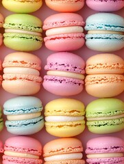 Fototapeta premium Brightly colored macaroons arranged in a neat row.