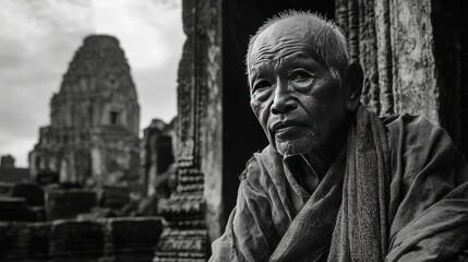 Fototapeta premium Black and White Wide-Angle Shot of an Elderly Cambodian Man Wearing a Traditional Krama Scarf, Sitting Before Ancient Temple Ruins, Conveying History and Serenity