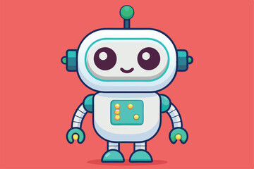 A cute white robot stands with a friendly smile in a vibrant setting, a cartoon character cute white robot