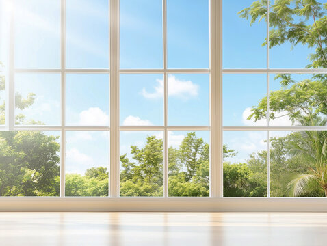 Fototapeta Home interior with large windows