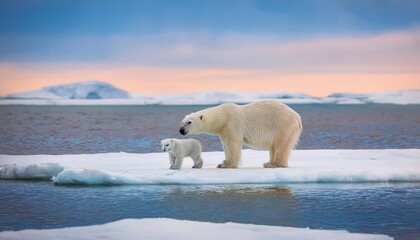 Polar bear with cub on an icefield in Svalbard. 