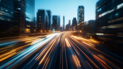 Time-lapse effect of city life, with lights streaking across the skyline at dusk.