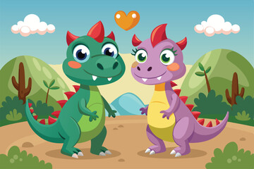 Obraz premium The cheerful dinosaur couple stands together, surrounded by greenery and mountains, sharing a loving glance, a cartoon character dino couple characters