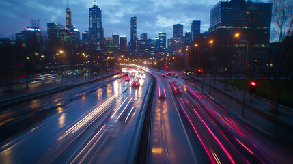 Fototapeta premium Time-lapse effect of city life, with lights streaking across the skyline at dusk.