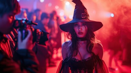 A glamorous woman in a witch costume poses on the red carpet, surrounded by cameras and flashing lights at a Halloween party.