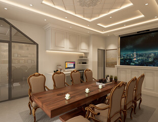 Modern classic meeting room interior with wooden furniture and window. 3D Rendering.