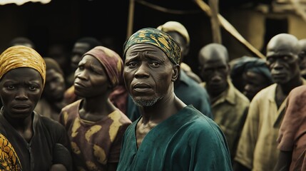 Fototapeta premium Men and women gather in a lively village in Enugu, Nigeria