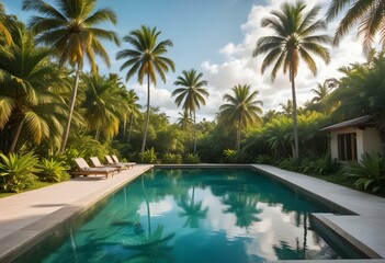 Fototapeta premium A tropical swimming pool with clear turquoise water and palm leaves reflected on the surface