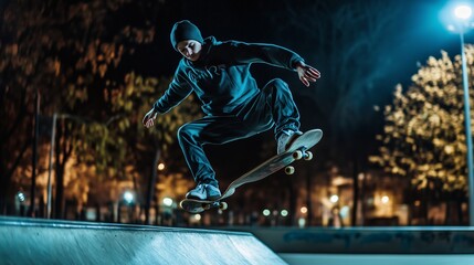 Skateboarder performing a trick at night in an urban skatepark illuminated by streetlights