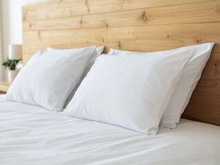 Hotel room with pillows and wooden wall