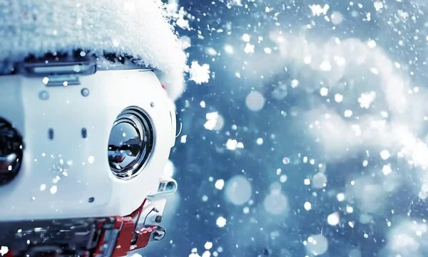 robot santa claus on snowy winter day technology concept