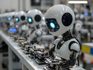 Fototapeta premium A row of futuristic robots working on an assembly line in a high-tech factory, showcasing advanced automation and precision technology.