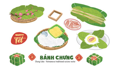 Banh chung or chung cake vector. Set of making traditional vietnamese chung cake. Vietnamese tradition new year elements. Tet holiday concept. Flat vector in cartoon style.