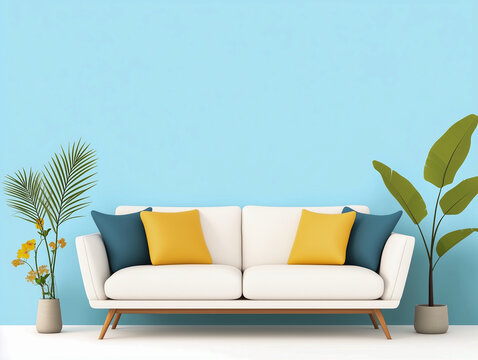 recommend clip art: illustration of modern sofa with cushions and flowers in living room