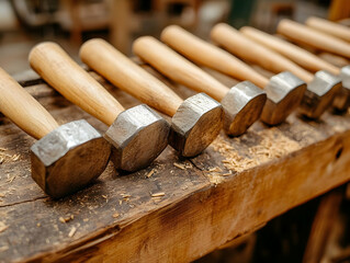 A row of wooden mallets resting on a wooden workbench, showcasing craftsmanship and tools used in woodworking.