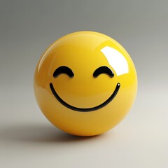 Fototapeta premium Yellow, shiny spherical emoticon, emoji with wide, upturned smile and closed eyes against grey background. Editorial illustration.