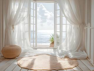 Cozy room with large windows, soft curtains, and sea view, inviting tranquility and relaxation.