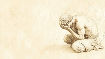Biblical Illustration of Psalms 10: David in Deep Prayer Pleading for God’s Justice as the Cries of the Afflicted Rise to Heaven on Beige Background