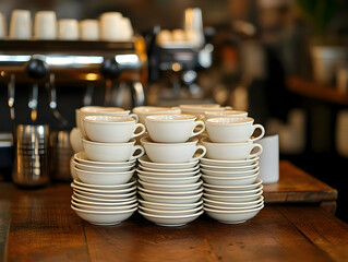 Stacked white coffee cups on wooden table in a cozy cafe setting.