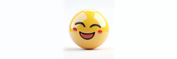 Fototapeta premium 3D icon of yellow emoticon, emoji, smile with closed eyes, gentle cute smile, and rosy cheeks, expressing happiness and joy. Banner