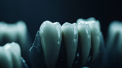 Teeth. Human teeth as futuristic currency. Dark background. Value and commerce. Ethical issues in bio-commodification. 