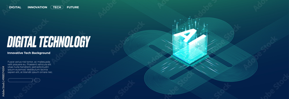 Poster AI semiconductor or chip with thin line circuit on technology background. Blue green tech bg. Digital computer electronics concept. Artificial Intelligence banner. Futuristic vector illustration.