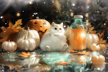 Halloween party background, with cat, Jack-o-lantern, pumpkins, and fallen leaves, an ethereal and festive feel with bokeh effects