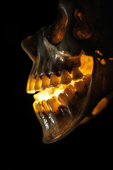 Teeth. Human teeth as futuristic currency. Dark background. Value and commerce. Ethical issues in bio-commodification. 