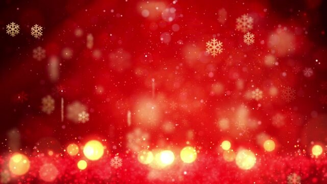 Elegant red holiday background with twinkling snowflakes and golden glitter lights, ideal for Christmas-themed designs with space for text.