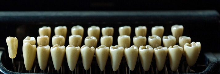 Teeth. Human teeth as keys on a typewriter. Dark background. Communication and identity. Ethical issues in dental records and data. 
