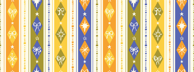 Seamless Christmas patterns with various doodle bows and stars in diamond rhombus shapes. Trendy vertical stripe background. Hand drawn vector illustration. Holiday wrapping paper, social media banner