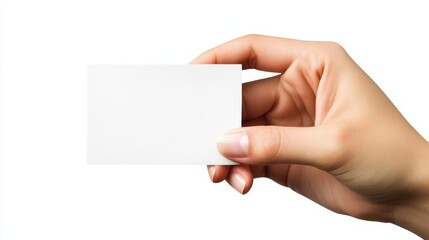 Obraz premium Womans Hand Holding Blank White Business Card, Isolated on White Background with Clipping Path.