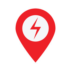 Red map pin with a lightning bolt symbol. Charging station location. Vector icon for maps, UI or mobile apps