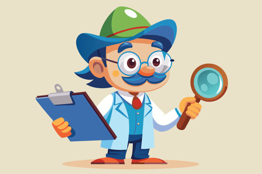 A cheerful cartoon character examines details with a clipboard and magnifying glass, a cartoon character holding a clipboard and a magnifying glass