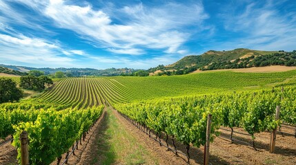 Naklejka premium A rolling green vineyard stretching out under a bright blue sky, with rows of grapevines leading towards distant hills.