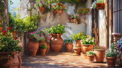 Obraz premium Terracotta pots containing Spanish gazpacho. Mediterranean courtyard scene. 
