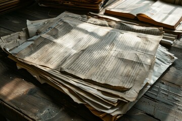 Sunlight illuminating old documents stacked on a wooden table, creating a nostalgic and historical atmosphere