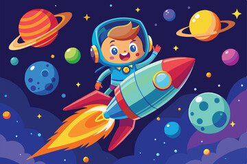 A cheerful cartoon character flies a rocket through a colorful, starry outer space, a cartoon character is riding a rocket in space