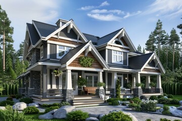 Naklejka premium Classic american craftsman home with a welcoming front porch is shining on a sunny summer day