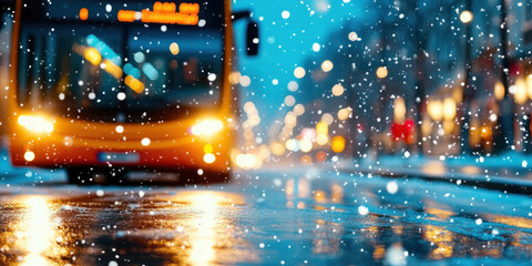 A bus making its way through a snow-covered city at night, headlights reflecting on the icy street, quiet snowfall