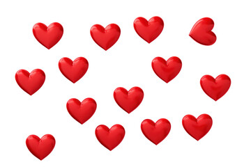 A cluster of vibrant red heart icons arranged randomly on a clean white background