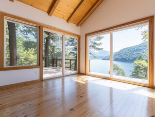 Interior of a room in a wooden house with a large patio door 